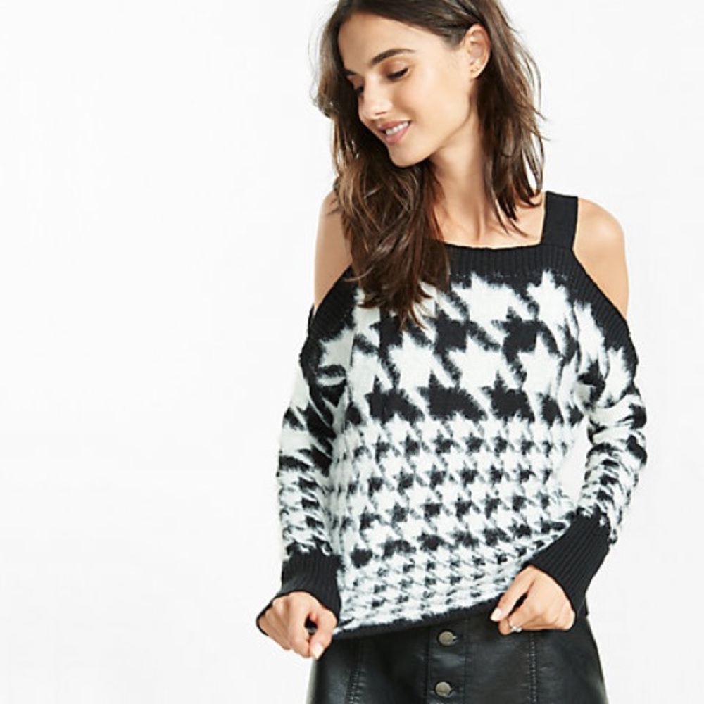 Express Fuzzy Houndstooth Cold Shoulder Sweater